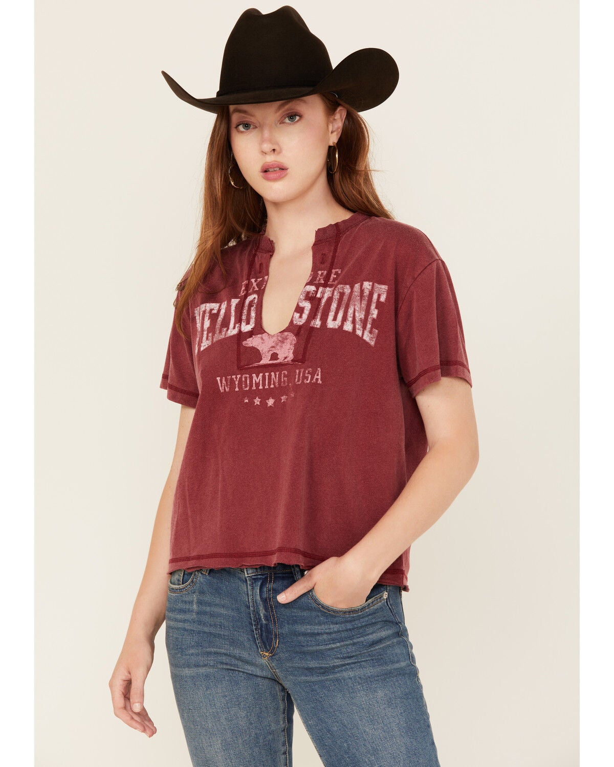 Youth in Revolt Women's Yellowstone Short Sleeve Graphic Tee, Burgundy, hi-res