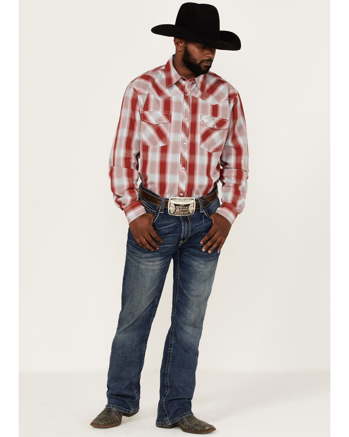Image #2 - Cowboy Hardware Men's Burgundy Hombre Plaid Long Sleeve Pearl Snap Western Shirt, Burgundy, hi-res