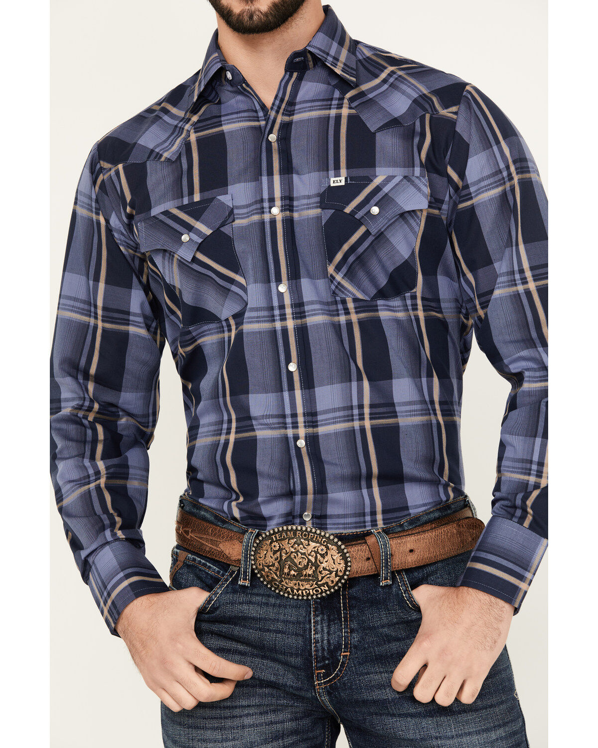 Image #3 - Ely Walker Men's Plaid Print Long Sleeve Snap Western Shirt, Blue, hi-res