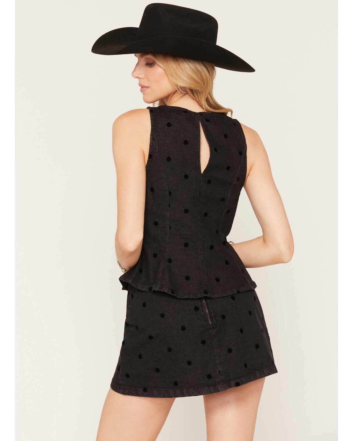 Image #4 - Cleo + Wolf Women's Polka Dot Denim Sleeveless Peplum Top, Black, hi-res