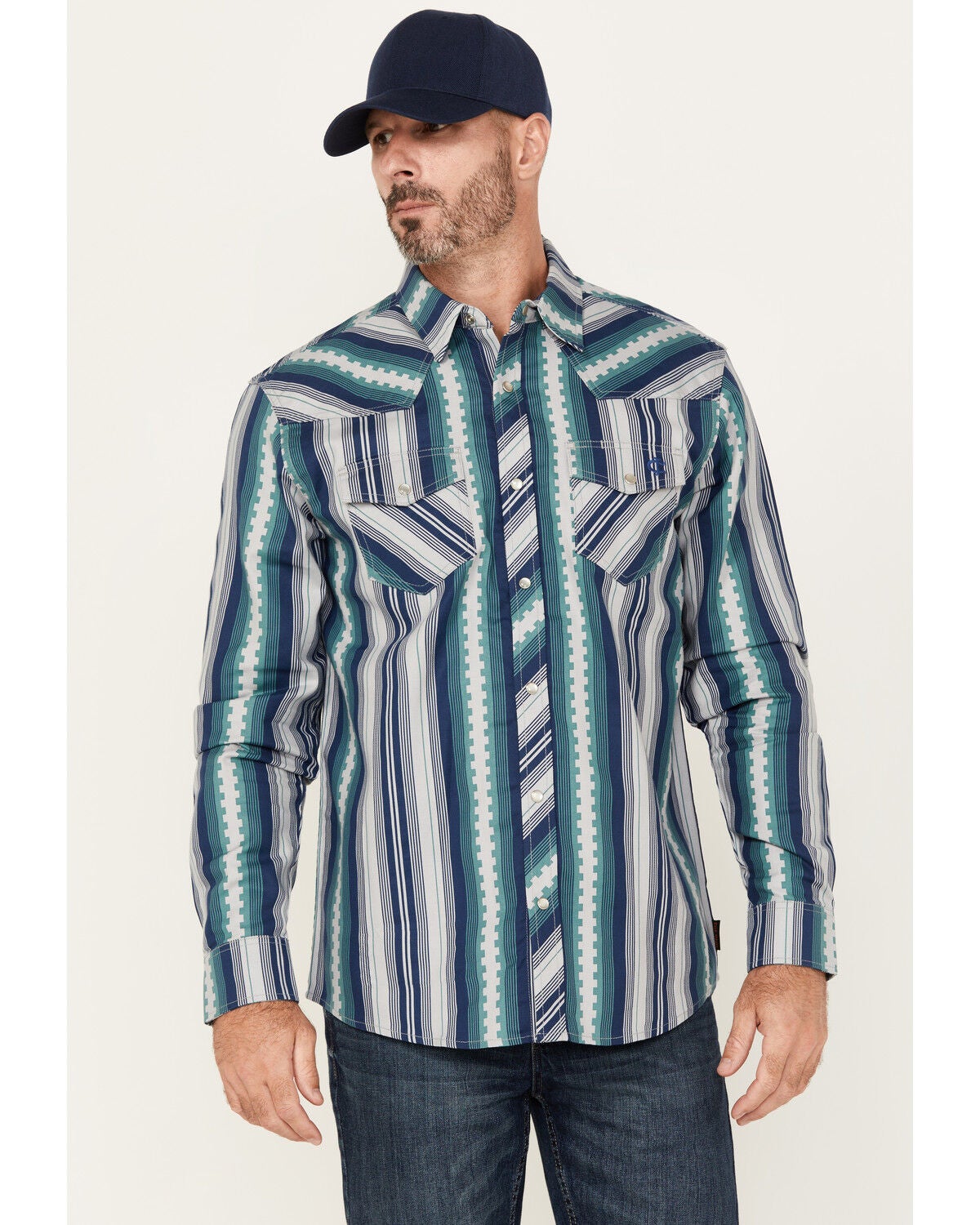 Cody James Men's FR Mesa Printed Long Sleeve Pearl Snap Western Work Shirt, Navy, hi-res