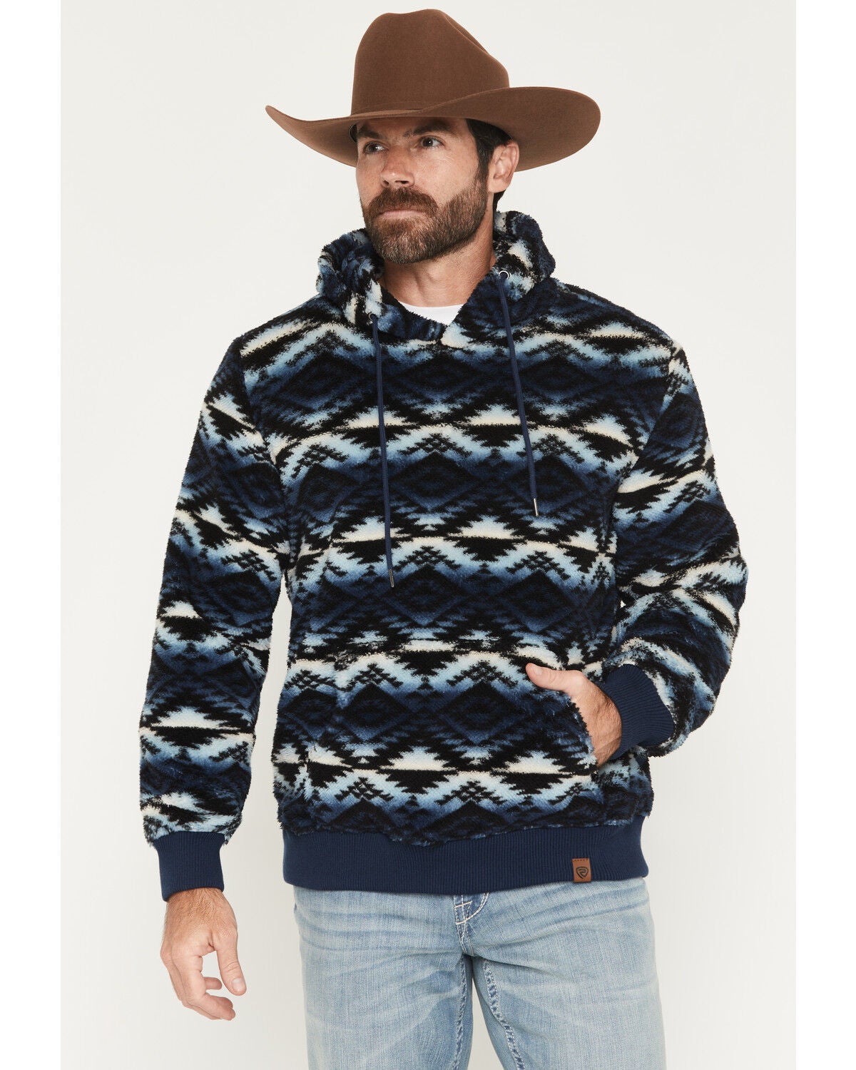 Rock & Roll Denim Men's Southwestern Print Berber Hooded Sweatshirt, Blue, hi-res