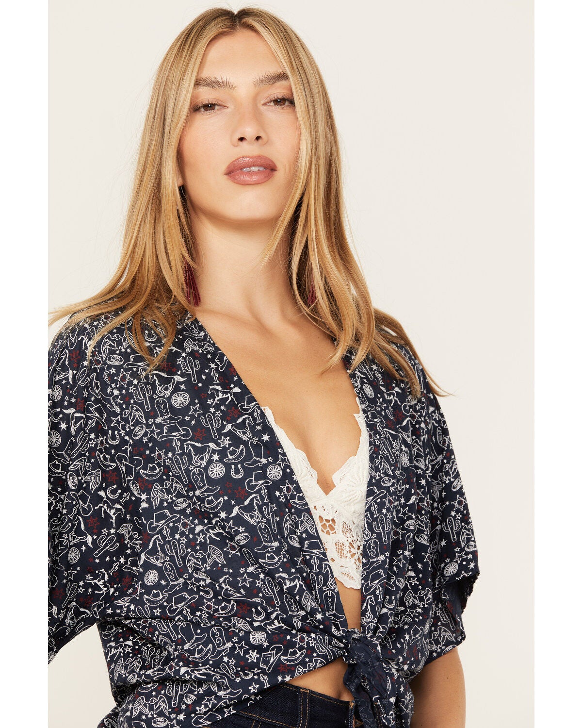 Image #2 - Ariat Women's Howdy Print Short Sleeve Tie Front Wrap, , hi-res