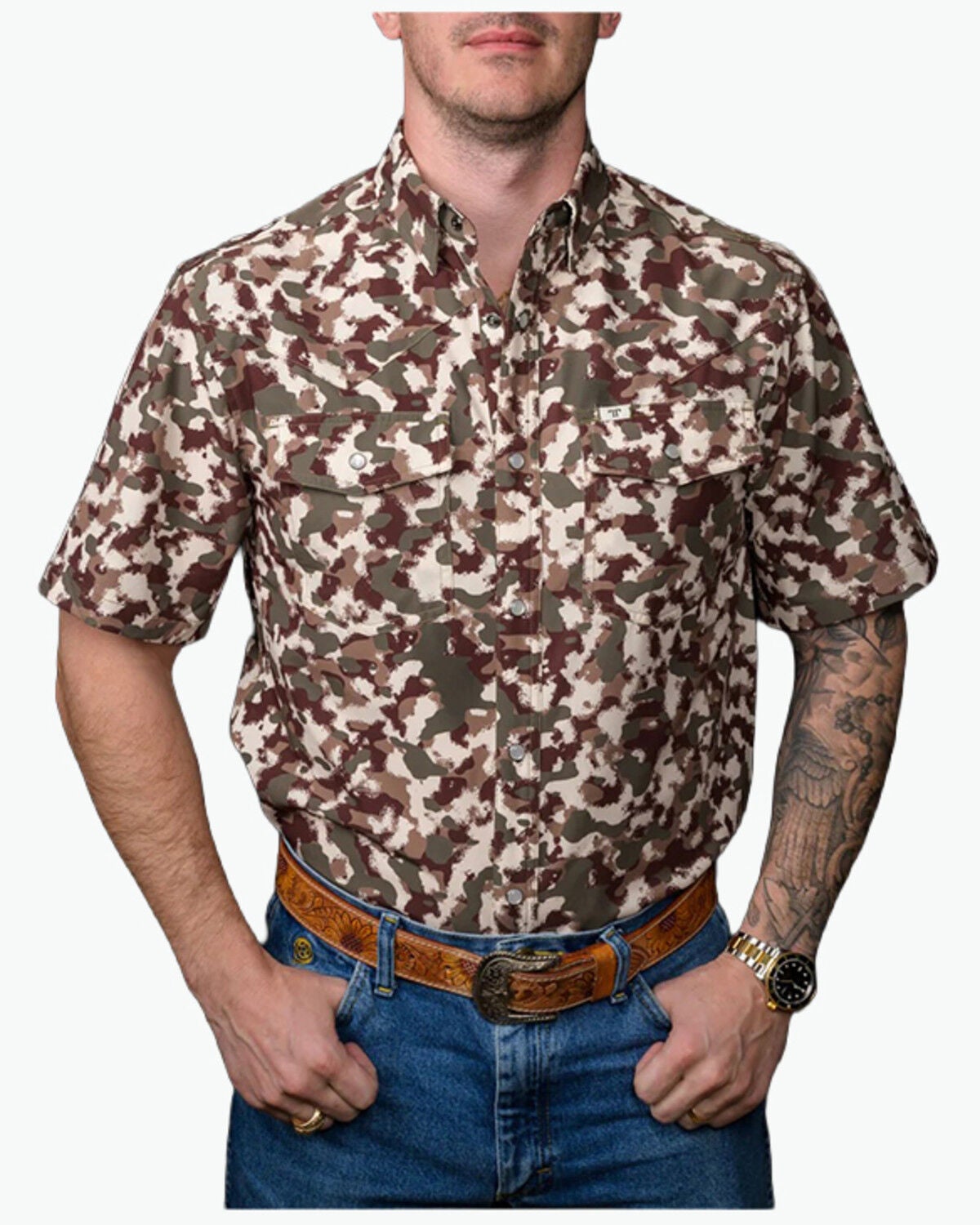 Ferrell Men's Tek Camo Print Short Sleeve Pearl Snap Stretch Performance Western Shirt, Brown, hi-res