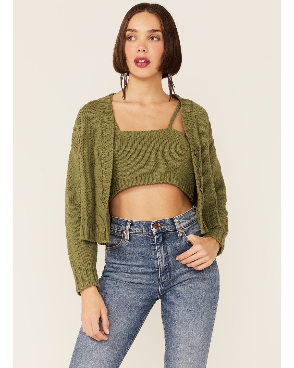 Callahan Women's Sage Olive Cable Lu Cardigan & Tank Set, Olive, hi-res