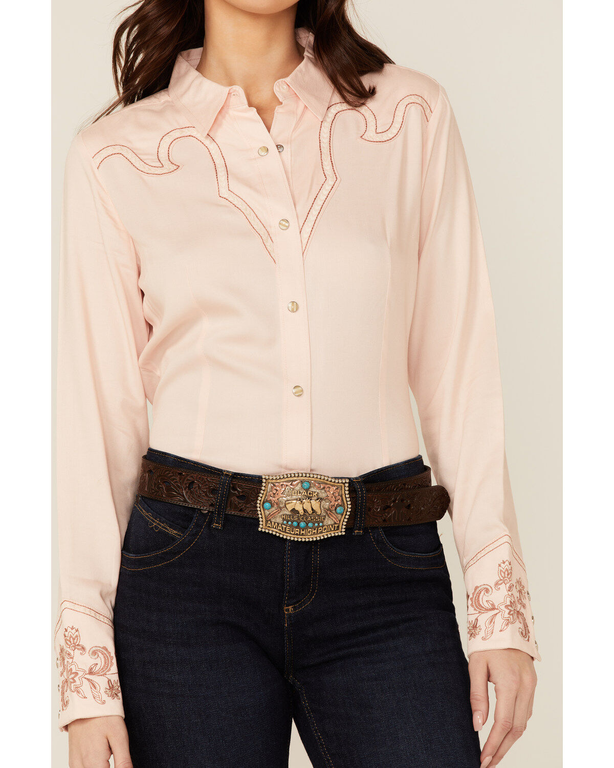 Image #2 - Wrangler Women's Pink Embroidered Cuff Western Snap Shirt, , hi-res