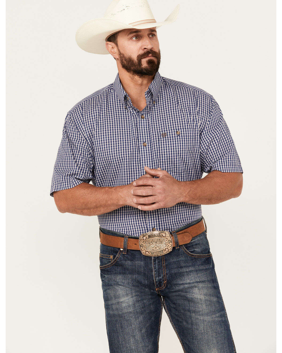 Image #1 - Wrangler Men's Classic Plaid Print Short Sleeve Button-Down Western Shirt - Tall, , hi-res