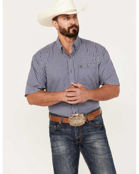 Wrangler Men's Classic Plaid Print Short Sleeve Button-Down Western Shirt - Tall, Blue, hi-res
