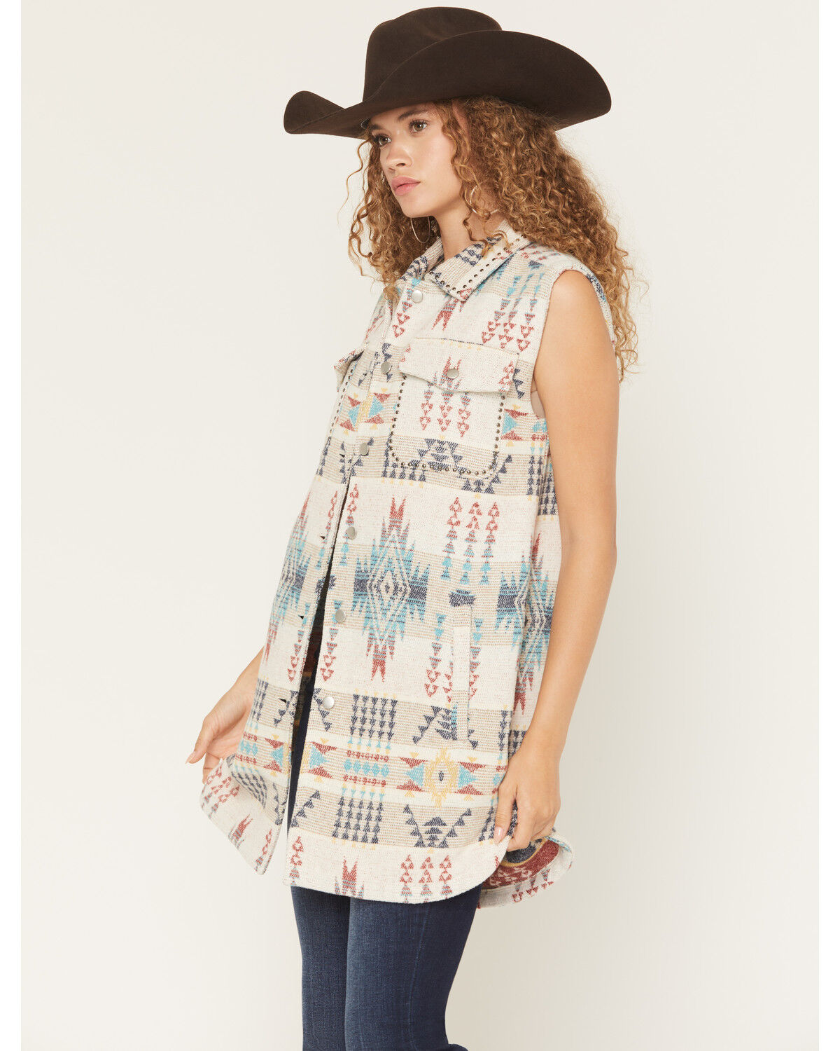Image #2 - Cotton & Rye Women's Boot Barn Exclusive Studded Southwestern Print Long Vest, Ivory, hi-res