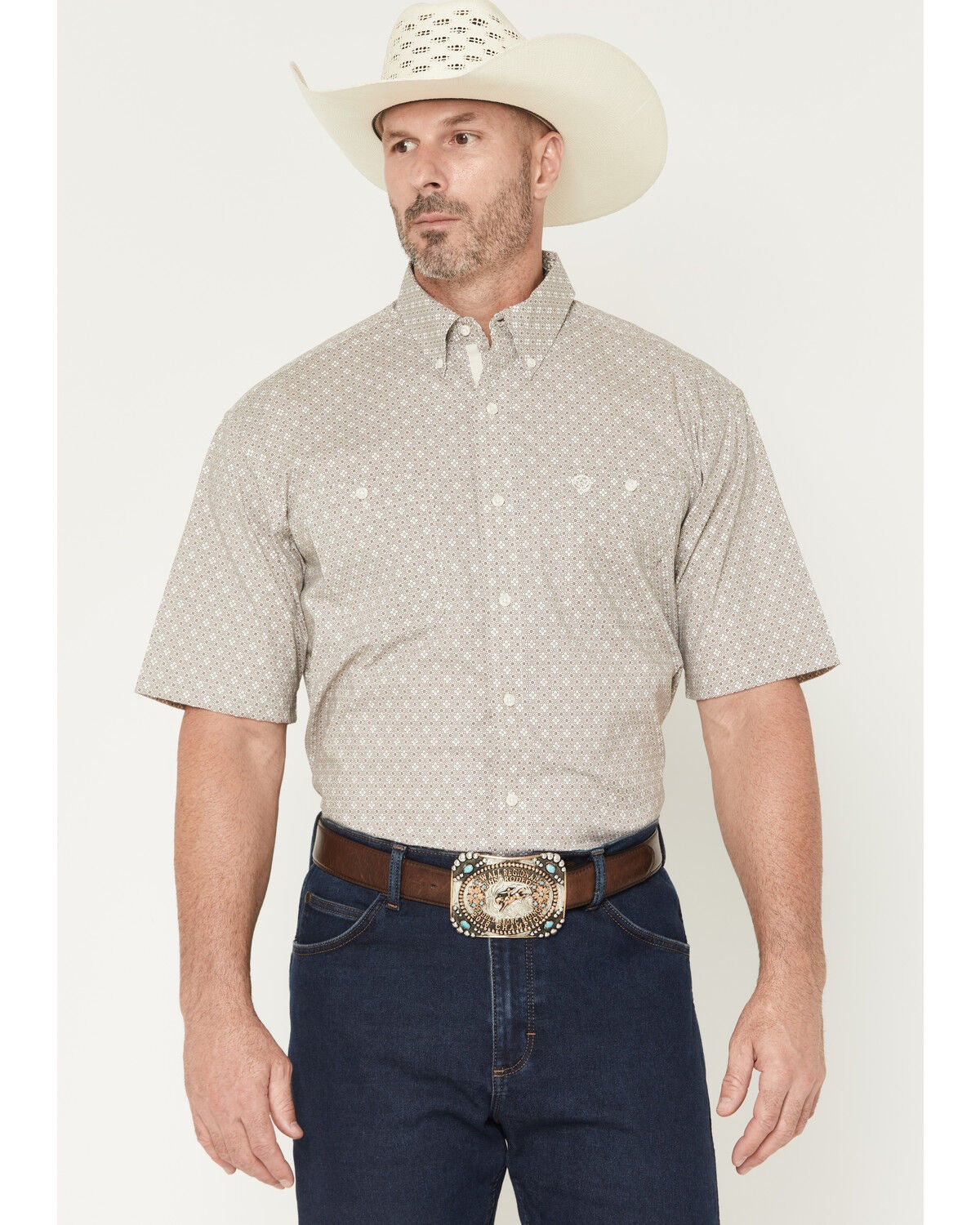 George Strait by Wrangler Men's Floral Geo Print Short Sleeve Button-Down Stretch Western Shirt - Tall, Brown, hi-res