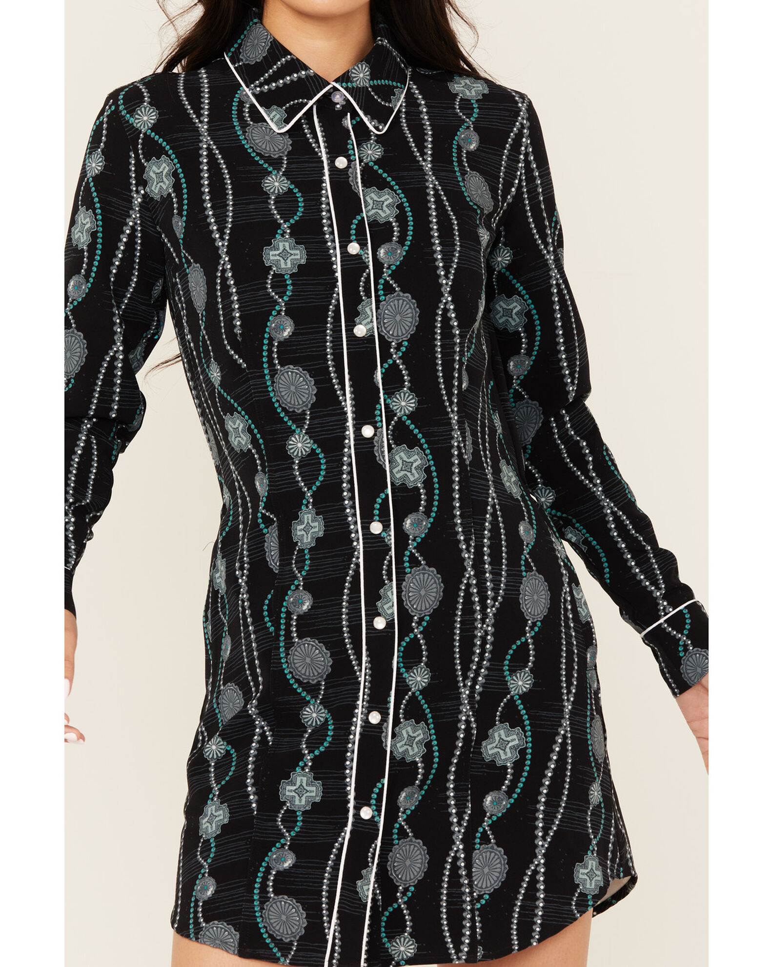Image #3 - Panhandle Women's Concho Print Long Sleeve Snap Western Mini Dress, Black, hi-res