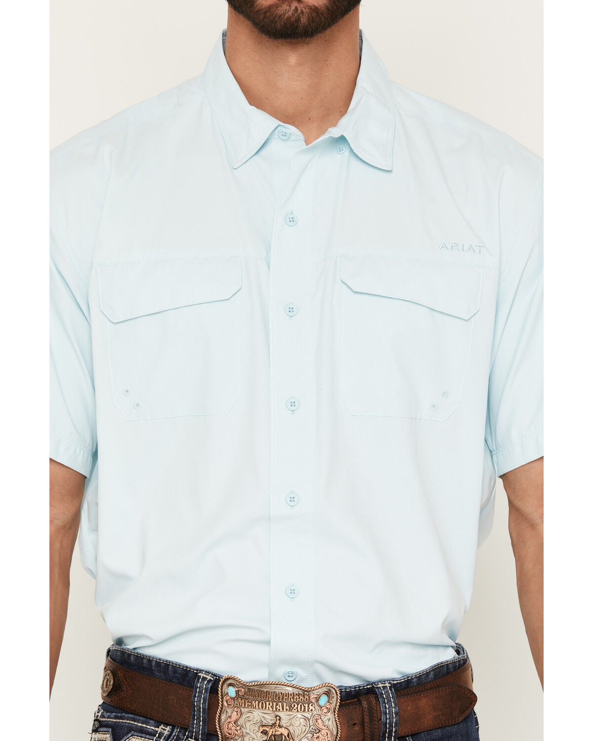 Image #3 - Ariat Men's VentTEK Outbound Solid Short Sleeve Button-Down Western Shirt, Aqua, hi-res