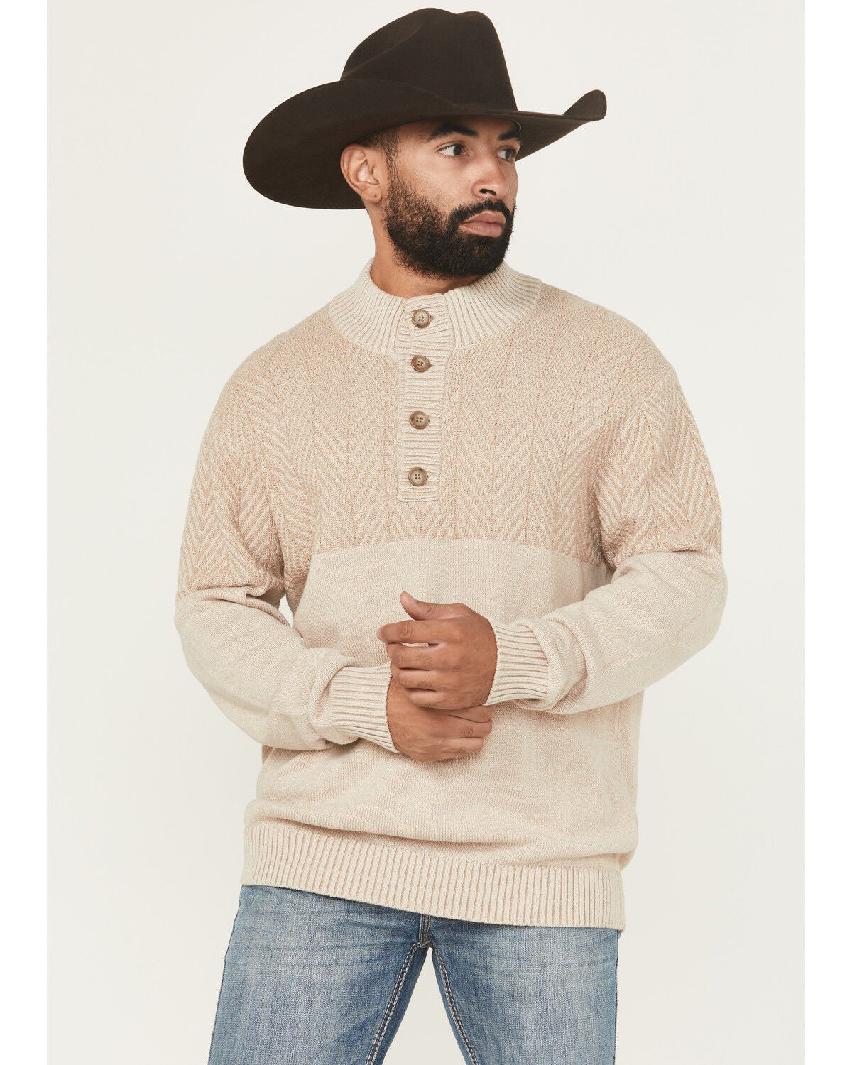 Cinch Men's Solid Button-Down Sweater, Cream, hi-res