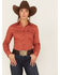 Cinch Women's Striped Geo Print Long Sleeve Button Down Shirt, Orange, hi-res