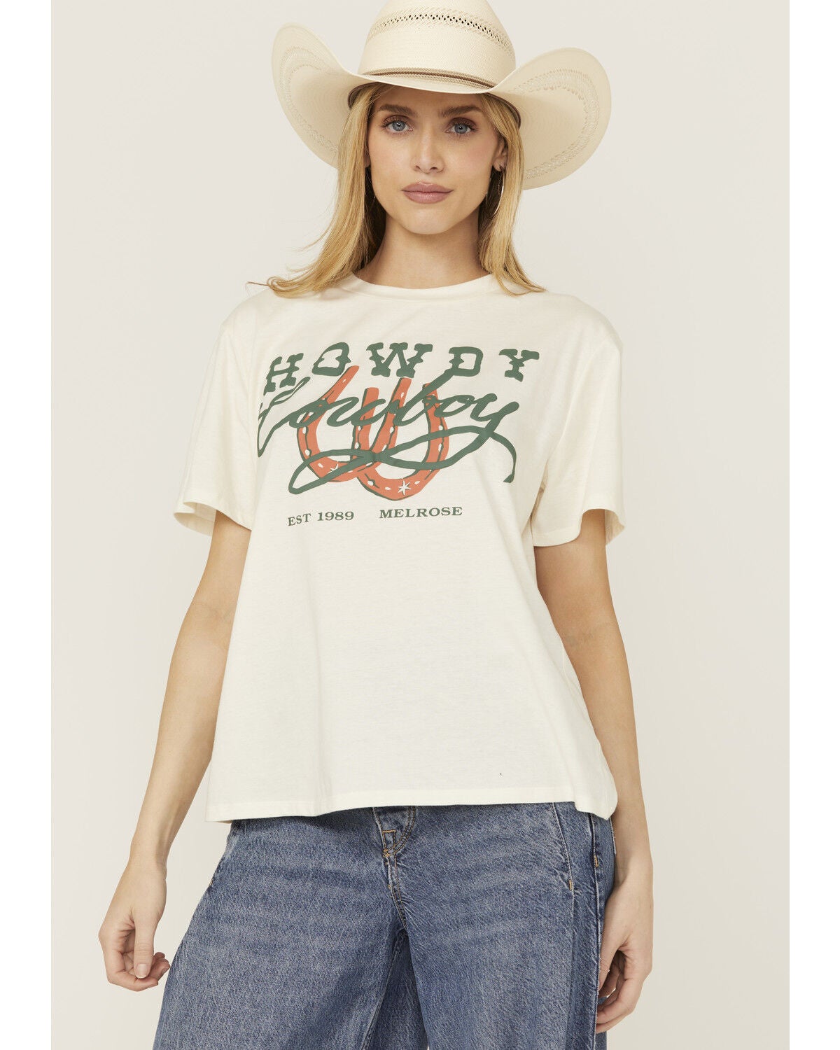 Blended Women's Howdy Cowboy Short Sleeve Graphic Tee, Cream, hi-res