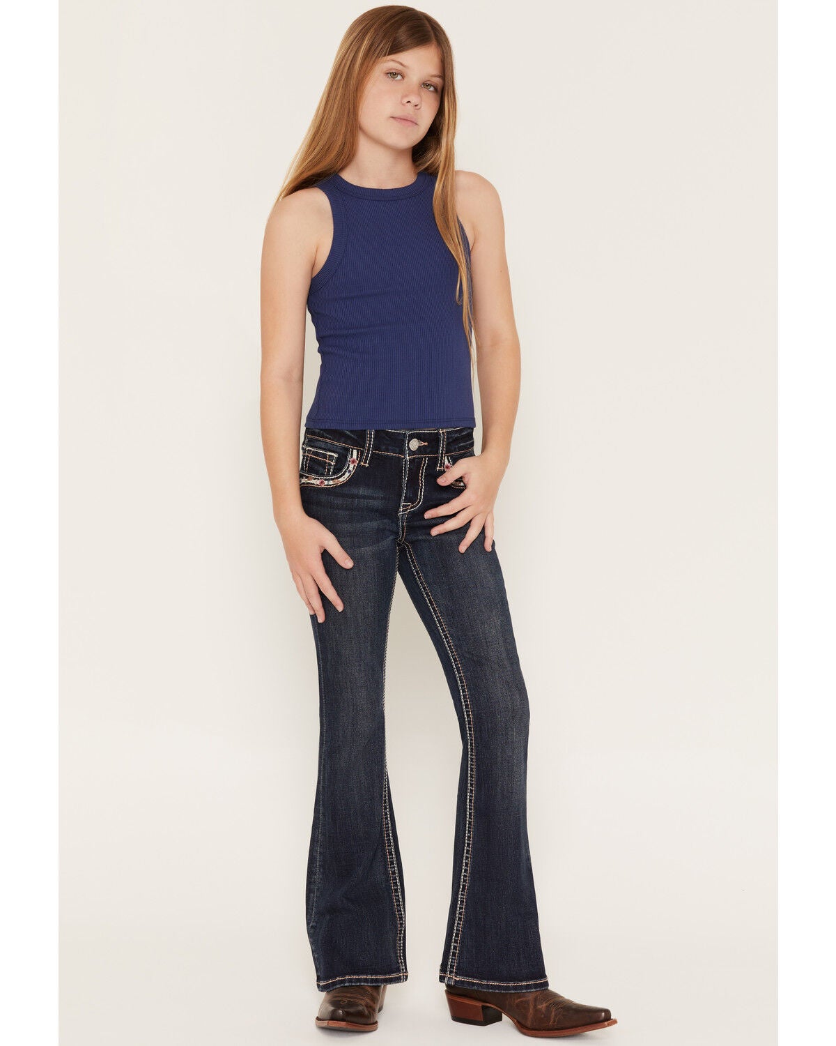 Image #3 - Grace in LA Girls' Dark Wash Steer Head Pocket Flare Stretch Denim Jeans, Dark Wash, hi-res