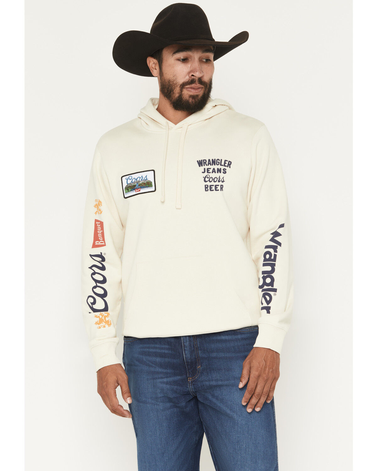 Image #1 - Wrangler X Coors Banquet Men's Logo Sleeve Hoodie, Cream, hi-res