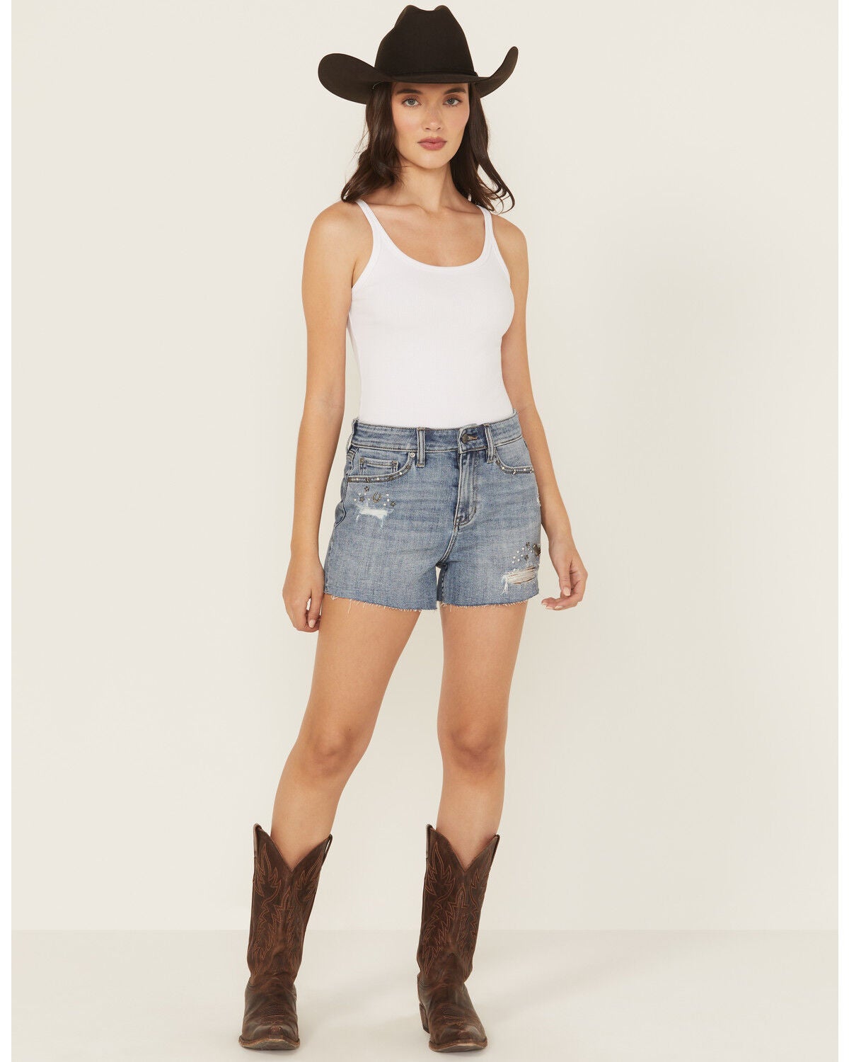 Shyanne Women's Novelty Western Studded Medium Wash High Rise Stretch Denim Shorts, Medium Wash, hi-res