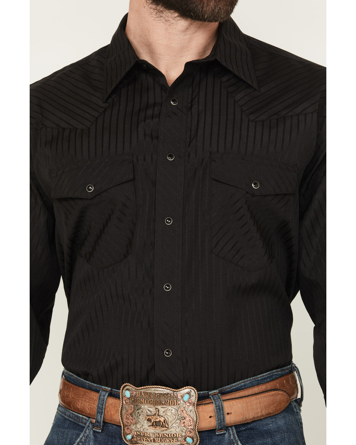 Image #3 - Wrangler Men's Tonal Long Sleeve Snap Western Shirt, Black, hi-res