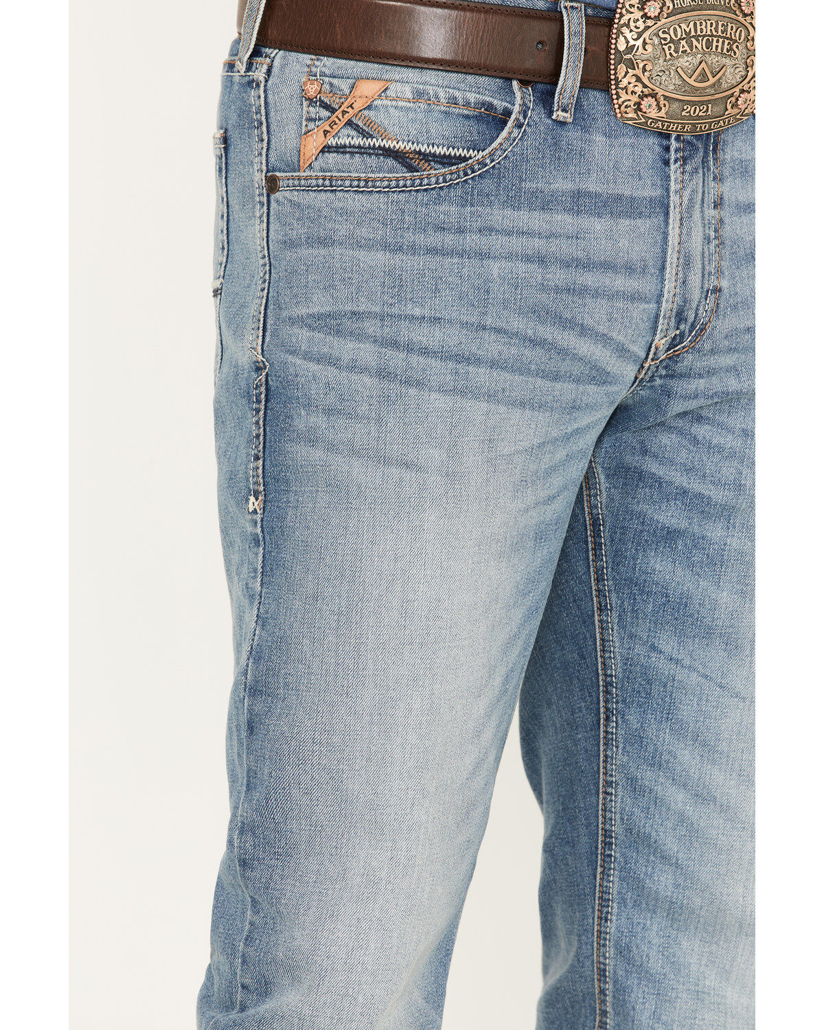 Image #2 - Ariat Men's M4 Orleans Abel Light Wash Stretch Relaxed Straight Jeans, Blue, hi-res