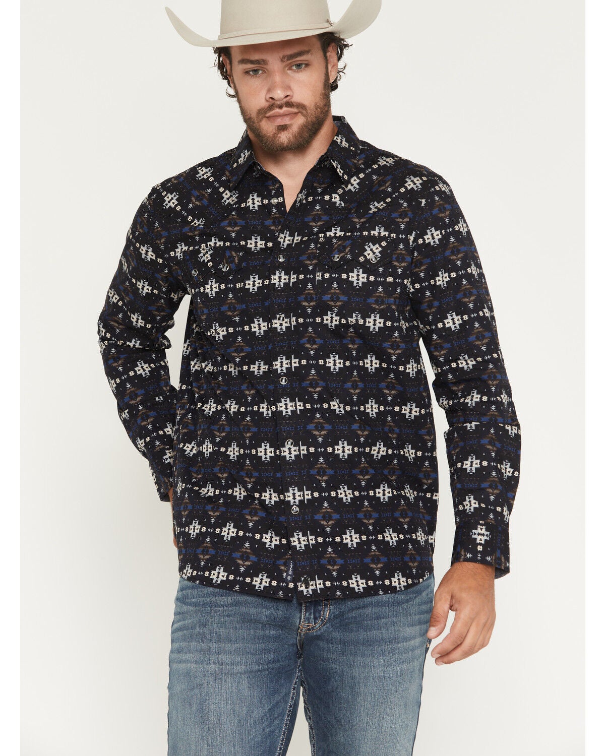 Moonshine Spirit&reg; Men's Indian Wells Southwestern Print Long Sleeve Snap Western Shirt, Navy, hi-res