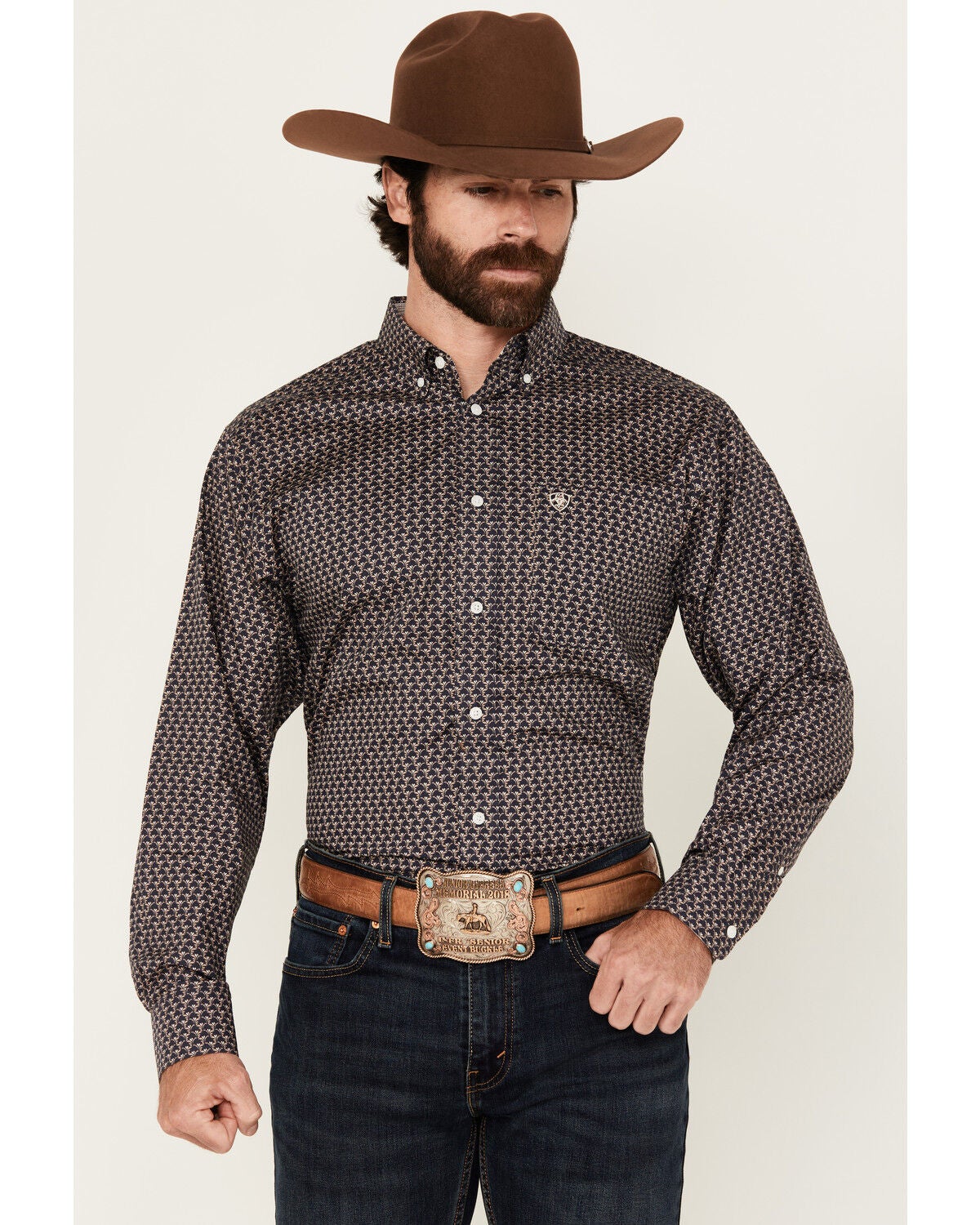 Ariat Men's Wrinkle Free Fields Printed Long Sleeve Button-Down Western Shirt, Navy, hi-res