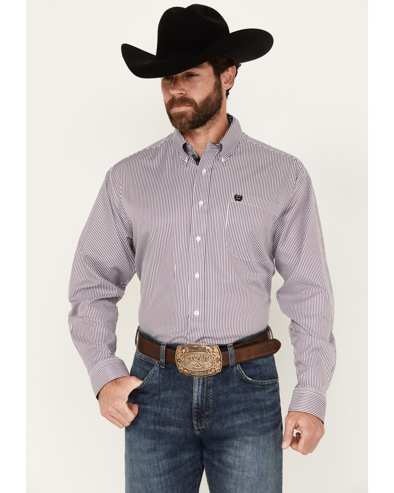 Cinch Men s Tencel Mini Striped Long Sleeve Button Down Western