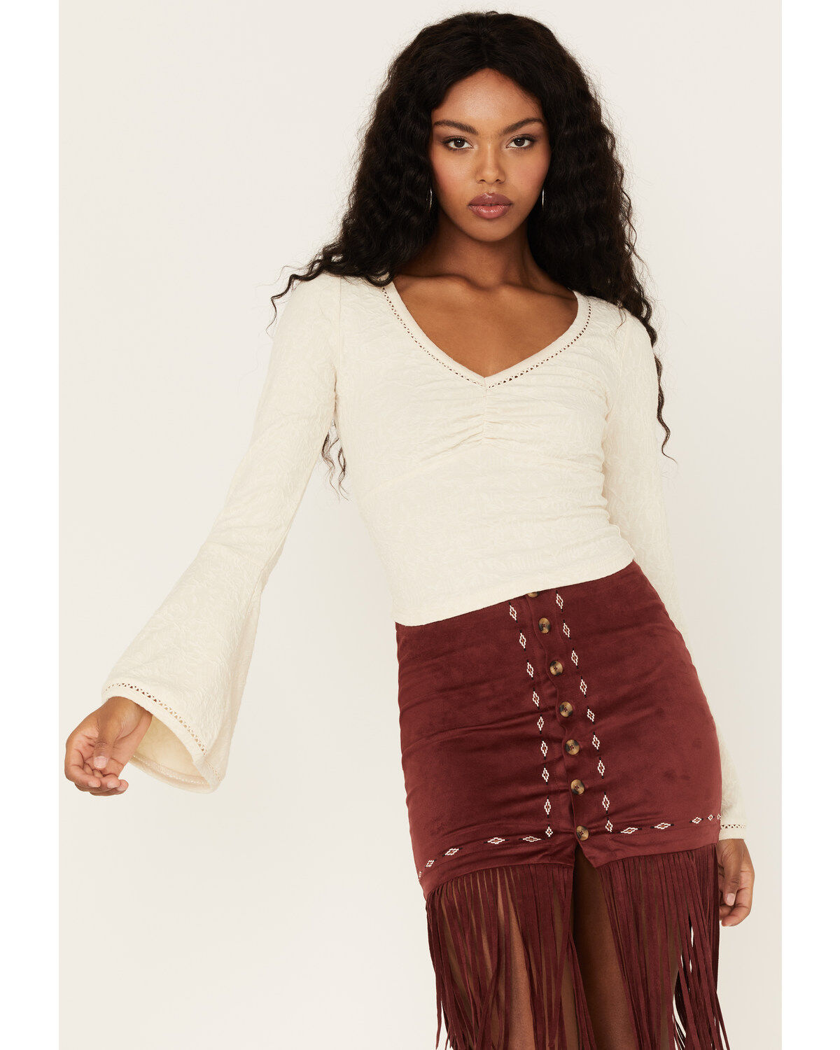 Image #1 - Shyanne Women's Deep V-Neck Bell Sleeve Crop Top, Cream, hi-res