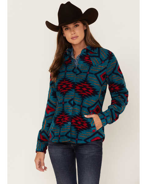 Outback Trading Co Women's Southwestern Print Eleanor Long Sleeve Button Down Shirt, Teal, hi-res