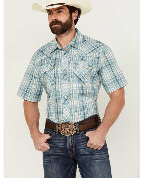 Wrangler Retro Men's Plaid Print Short Sleeve Pearl Snap Western Shirt - Tall , Teal, hi-res