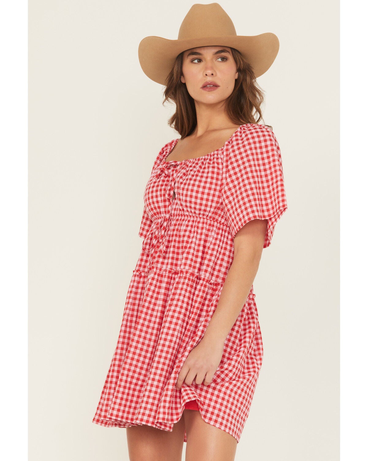 Blue B Women's Gingham Short Sleeve Tie-Front Mini Dress, Red
