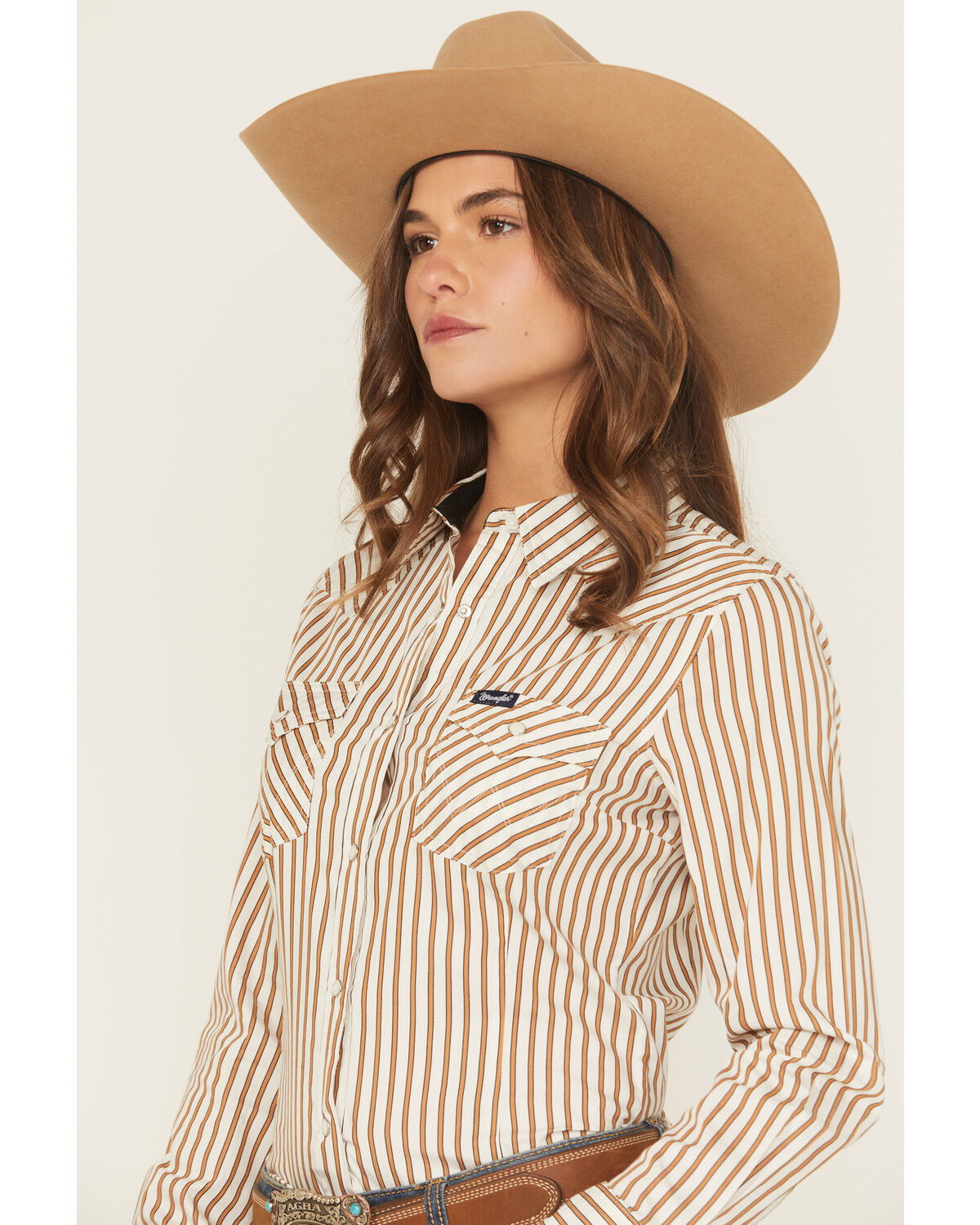 Image #2 - Wrangler Retro Women's Vertical Striped Long Sleeve Snap Western Shirt, Brown, hi-res