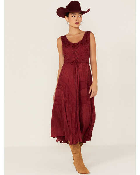 Scully Women's Lace-Up Jacquard Dress, Burgundy, hi-res