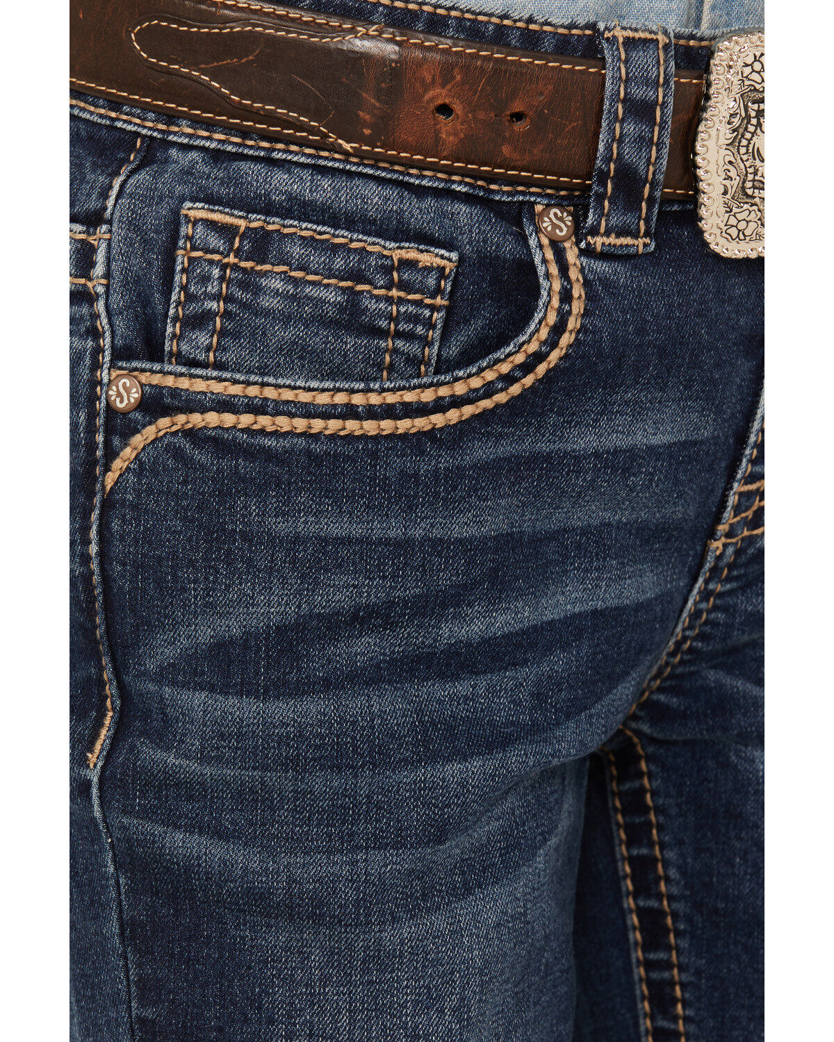 Image #2 - Shyanne Girls' Dark Wash Arrow Embroidered Stretch Bootcut Jeans, Blue, hi-res