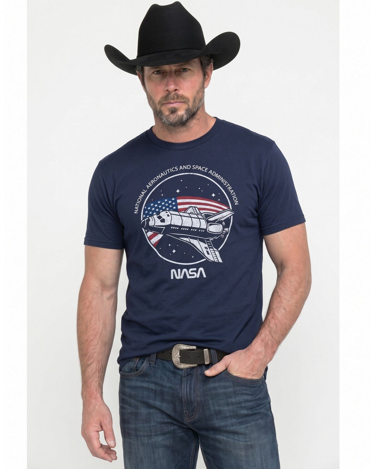 Americana Men's NASA US Flag in Space Short Sleeve Graphic T-Shirt, Navy, hi-res