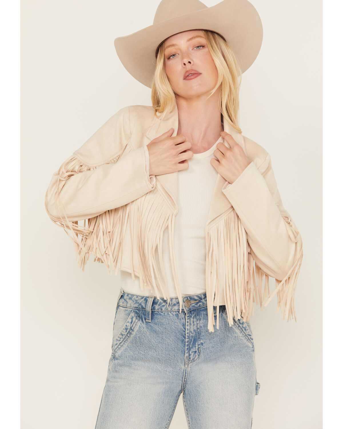 Image #1 - Saints & Hearts Women's Faux Suede Cropped Fringe Jacket, , hi-res