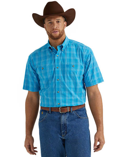 George Strait by Wrangler Men's Plaid Print Short Sleeve Button-Down Stretch Western Shirt - Big, Bright Blue, hi-res