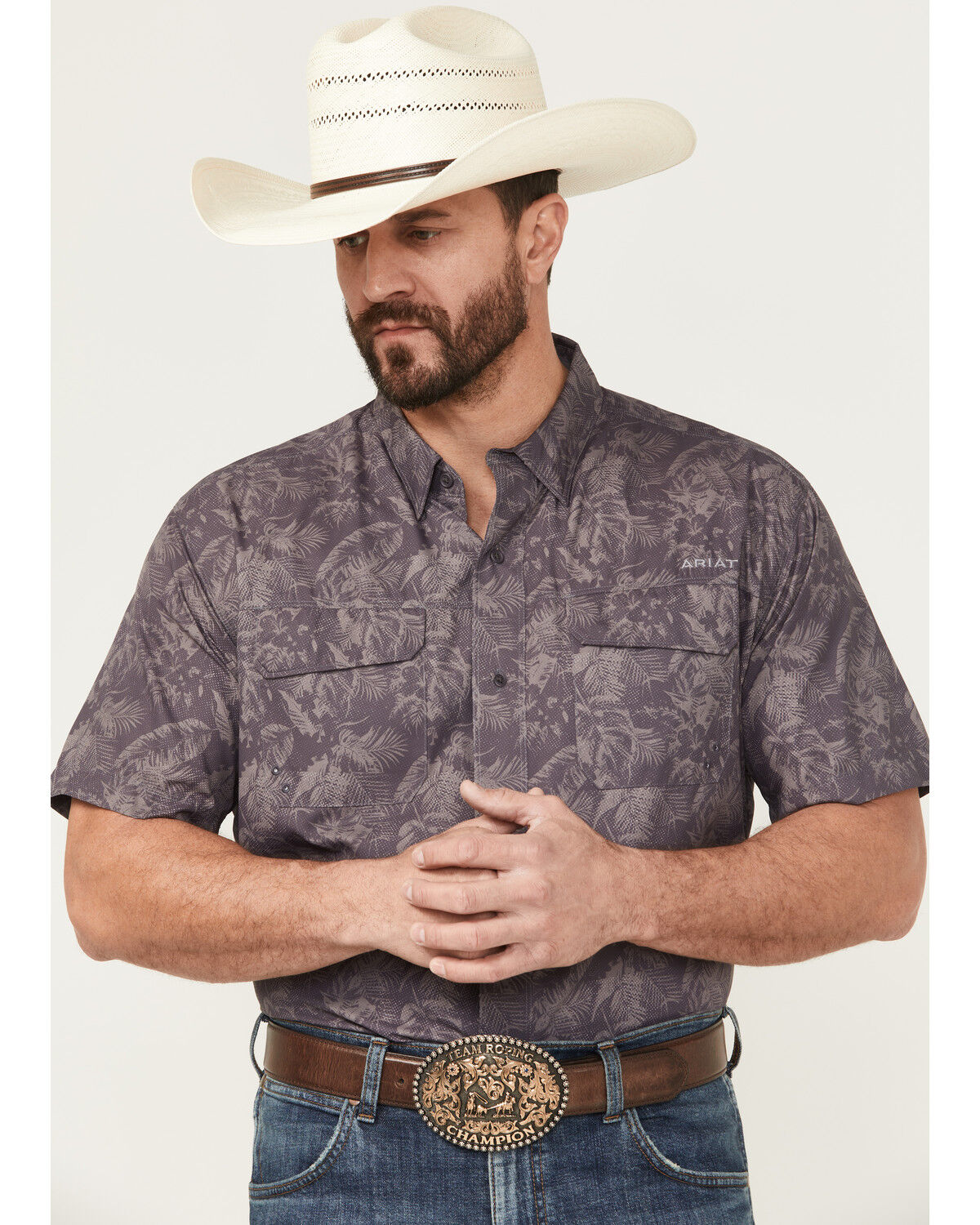 Image #1 - Ariat Men's VentTEK Printed Outbound Short Sleeve Button-Down Shirt - Tall, Black, hi-res