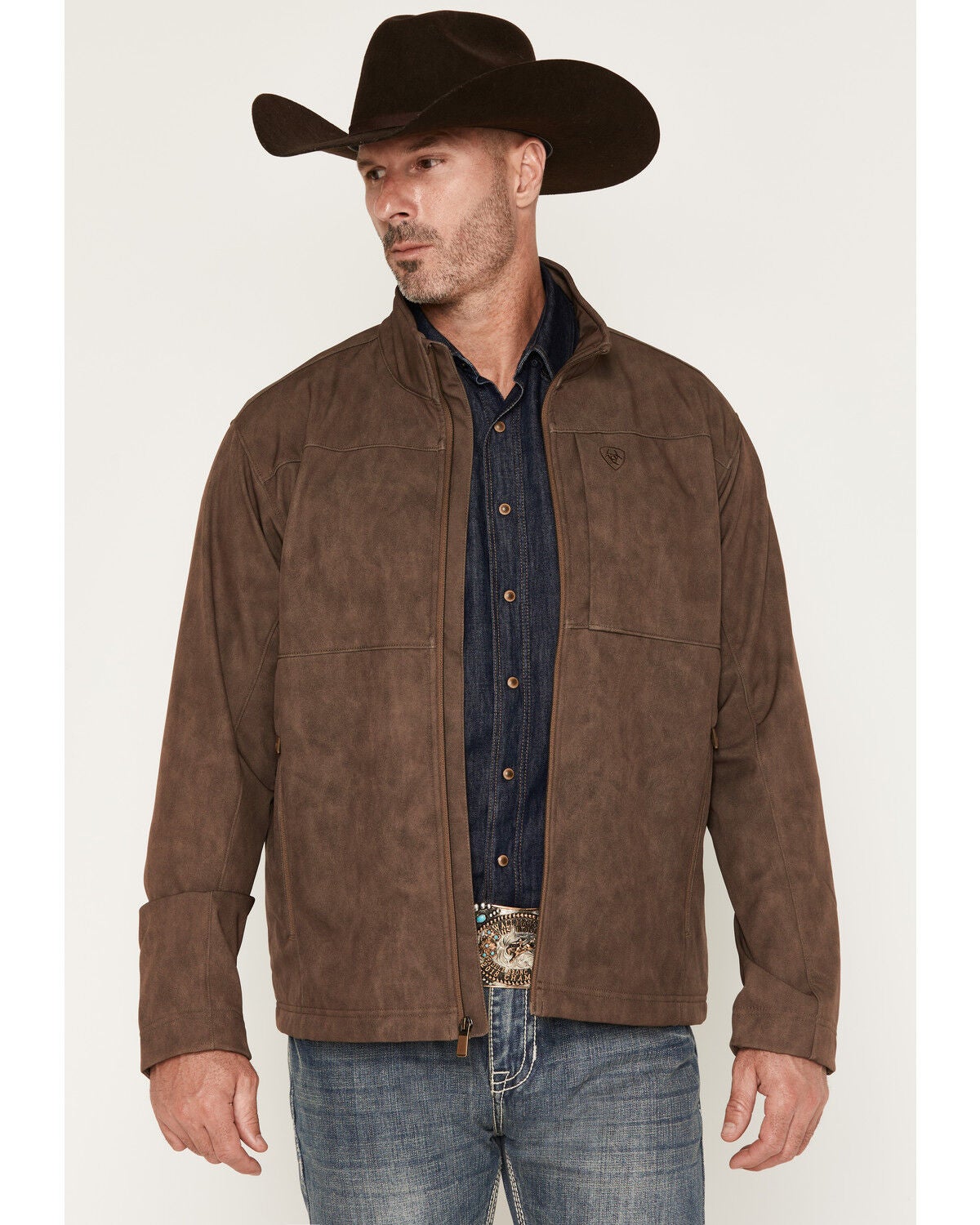 Ariat Men's Vernon Leather Print Softshell Jacket, Brown, hi-res