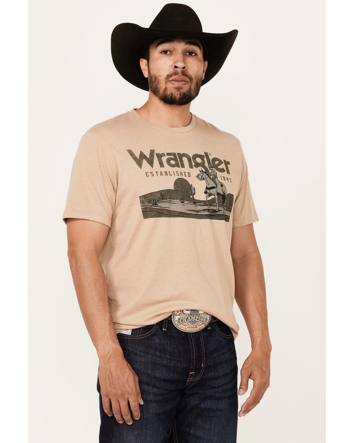 Wrangler Men's Boot Barn Exclusive Desert Logo Short Sleeve Graphic T-Shirt, Sand, hi-res