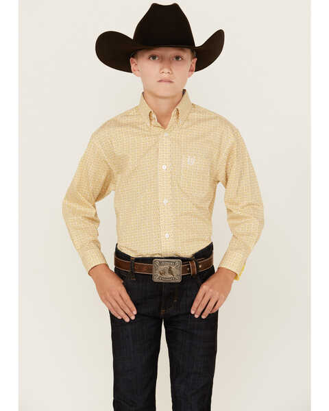 Panhandle Select Boys' Geo Print Long Sleeve Button Down Western Shirt , Yellow, hi-res