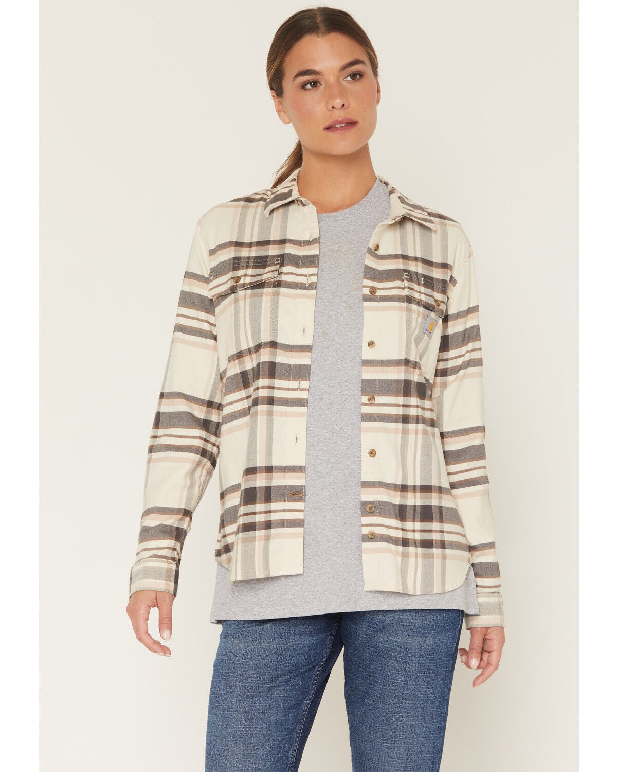 Carhartt Women's TENCEL&trade; Fiber Series Relaxed Fit Plaid Print Long Sleeve Flannel Shirt, Ivory, hi-res