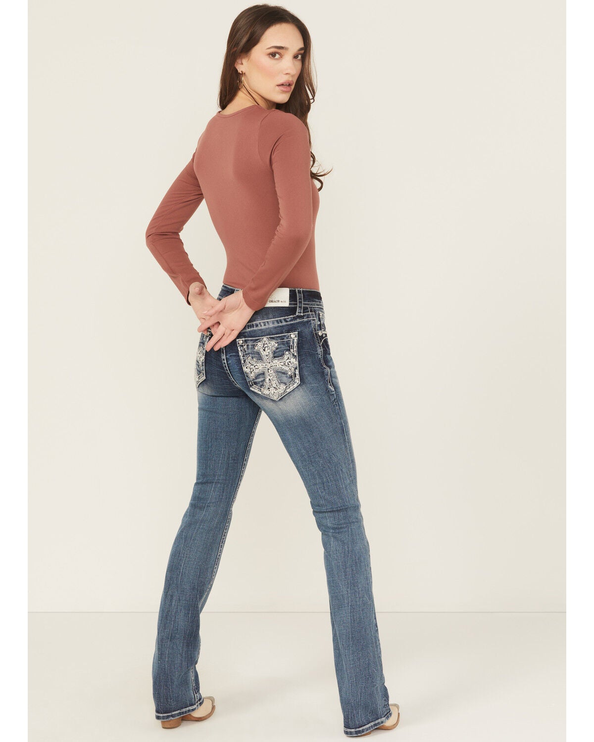 Grace In LA Women's Medium Wash Mid Rise Embroidered Cross Bootcut Stretch Denim Jeans, Medium Wash, hi-res