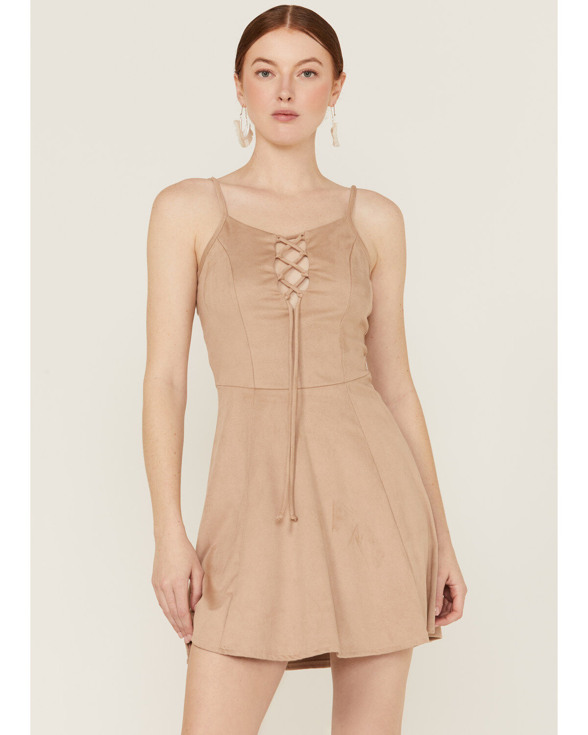 Image #1 - Wild Moss Women's Tie Front Faux Suede Mini Dress, Chocolate, hi-res