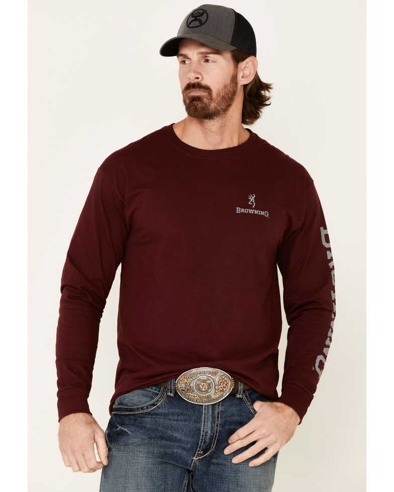 Browning Men's Distressed Buck Mark Graphic Long Sleeve T-Shirt , Maroon, hi-res
