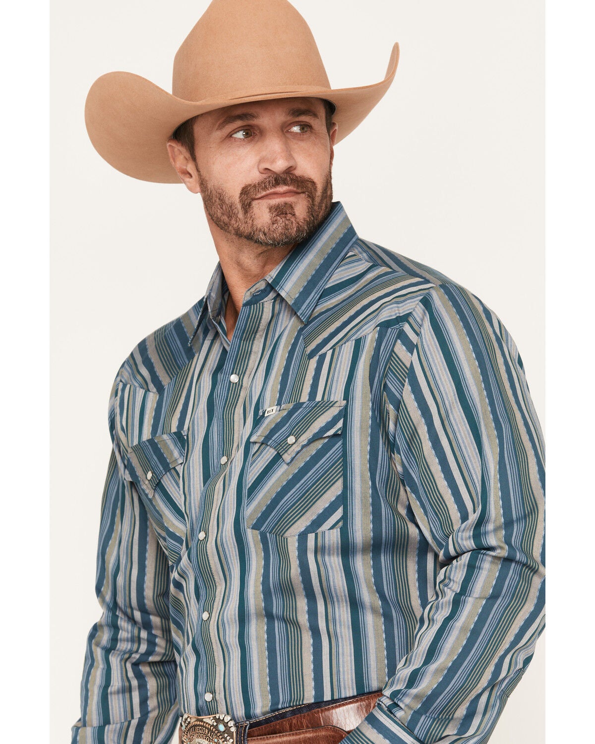 Image #2 - Ely Walker Men's Striped Long Sleeve Pearl Snap Western Shirt, Dark Teal, hi-res