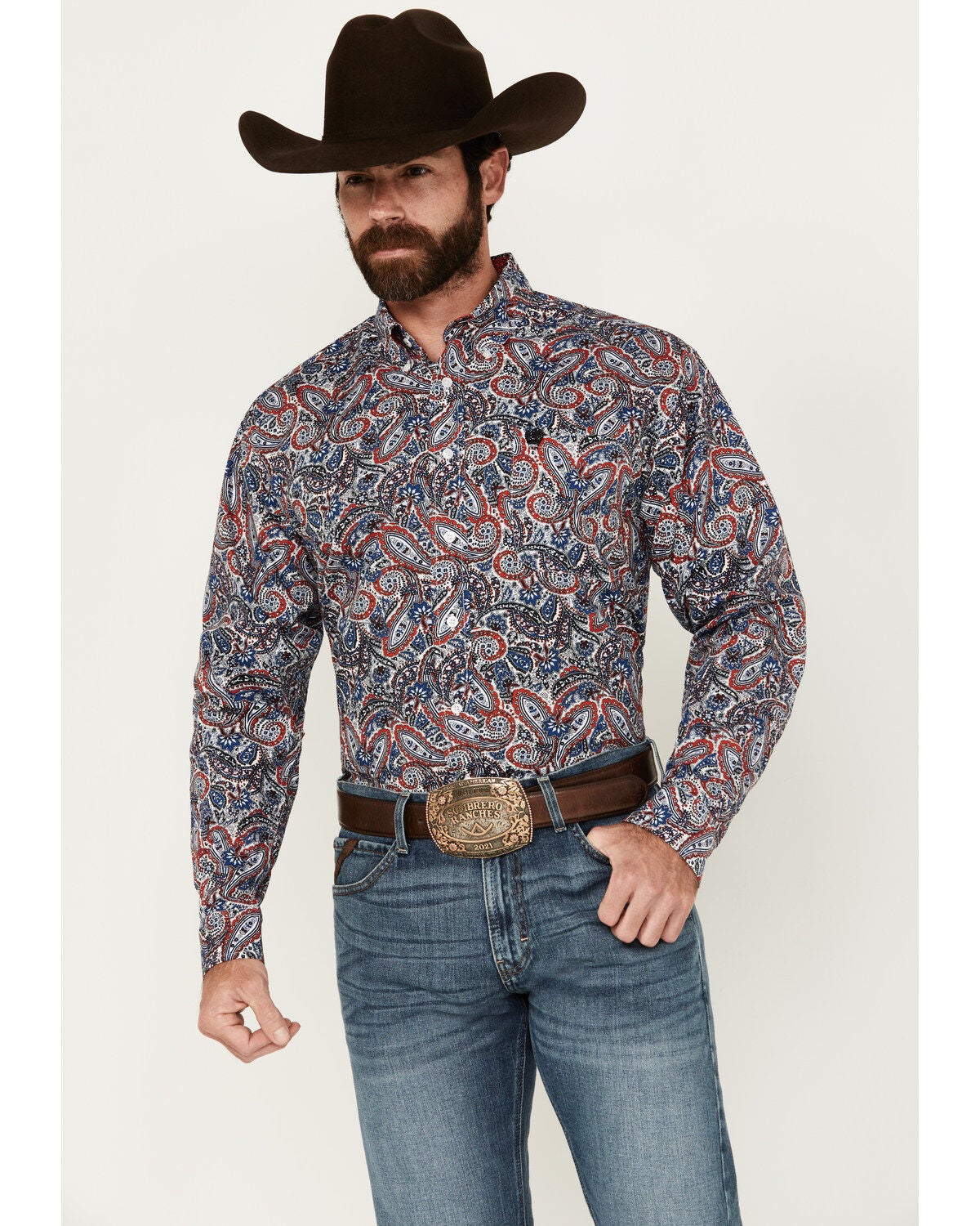 Cinch Men's Exploded Paisley Print Long Sleeve Button-Down Western Shirt, Red/white/blue, hi-res