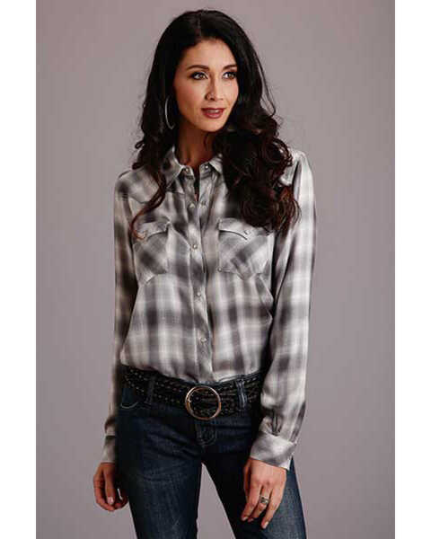 Stetson Women's Smoky Ombre Plaid Long Sleeve Snap Western Shirt , Grey, hi-res