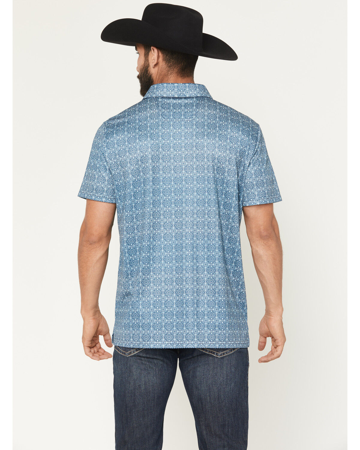 Image #4 - Rock & Roll Denim Men's Medallion Print Short Sleeve Button-Down Stretch Polo Shirt, Blue, hi-res