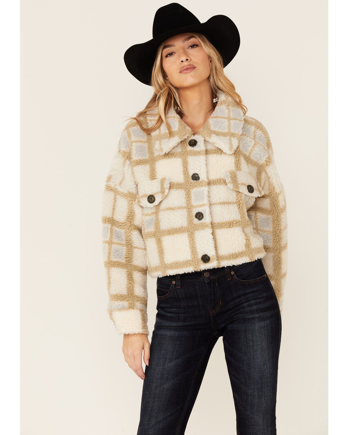 Vigoss Women's Ivory Grid Print Cropped Sherpa Jacket, Ivory, hi-res